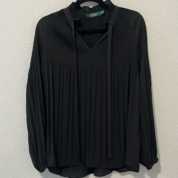 LAUREN RALPH LAUREN Women's Black Pleated Tie Neck Blouse, Size S - Picture 1 of 7
